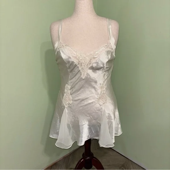 VTG Victoria’s Secret White Satin Mini Slip Dress Sequin 90s Fairy Women’s Sz L - Picture 1 of 7